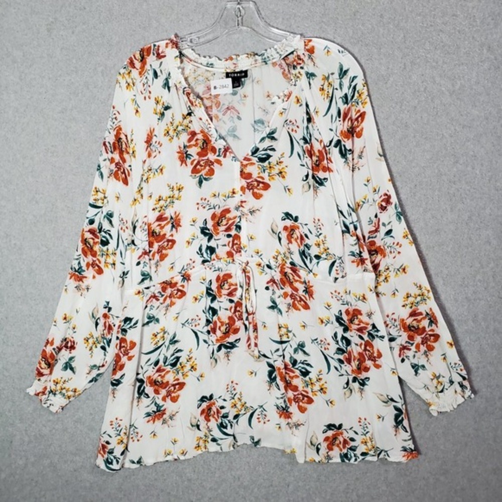 Torrid Women Top 1 Ivory Floral Rayon Crepe Tie Waist Peasant Blouse Drawstring
